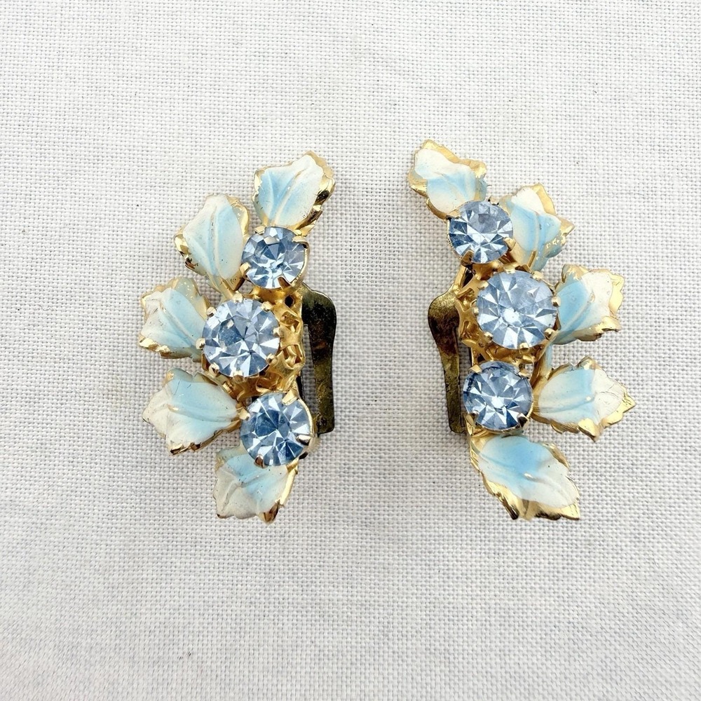 Vintage Austria Clip On Earrings Blue Crystal Rhinestone Gold Tone Enamel Floral